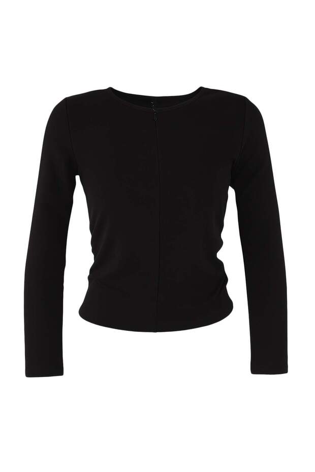 Siyah Fitted/Vücuda Oturan Çift Görünümlü Yarım Fermuarlı Çift Katlı Örme Bluz TWOAW26BZ00031 - 6