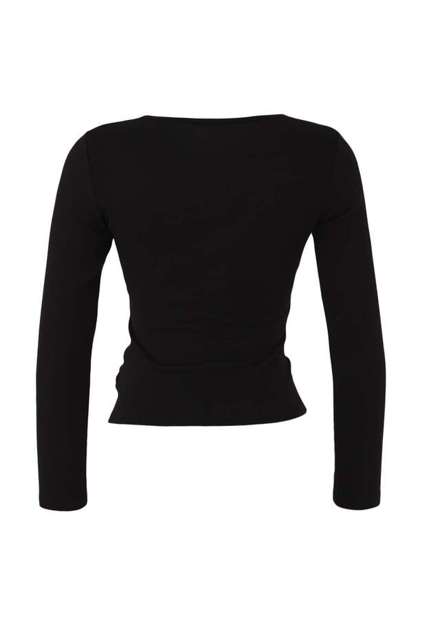Siyah Fitted/Vücuda Oturan Çift Görünümlü Yarım Fermuarlı Çift Katlı Örme Bluz TWOAW26BZ00031 - 8