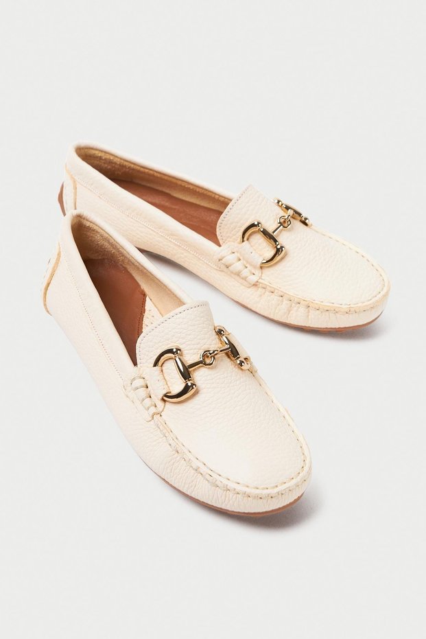 Genuine Leather 203-Bj Oval Toe Buckle Detail Women's Beige Ballerina & Loafer Shoes