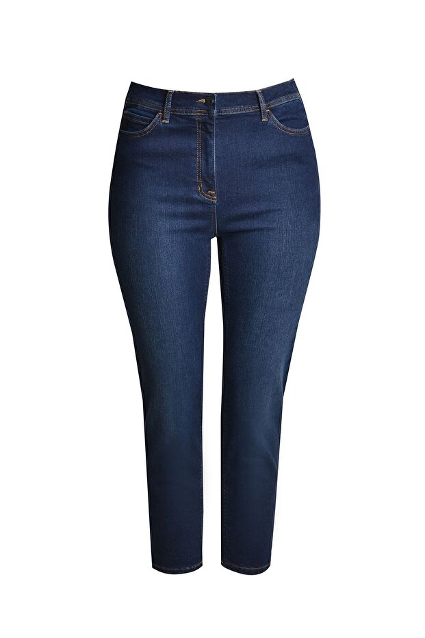 Women's Plus Size Navy Blue, Back Belt Rubber Detail, Back Pocket Embroidery, 5 Pocket Jeans 65N39021