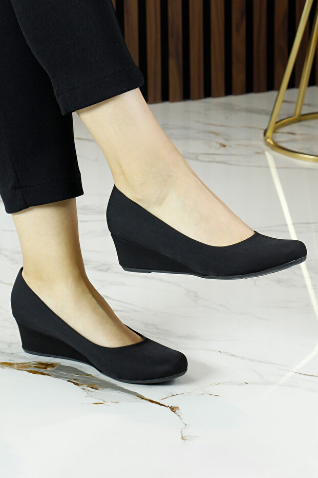 Maya Black Crepe Round Toe Wedge Heeled Casual Shoes