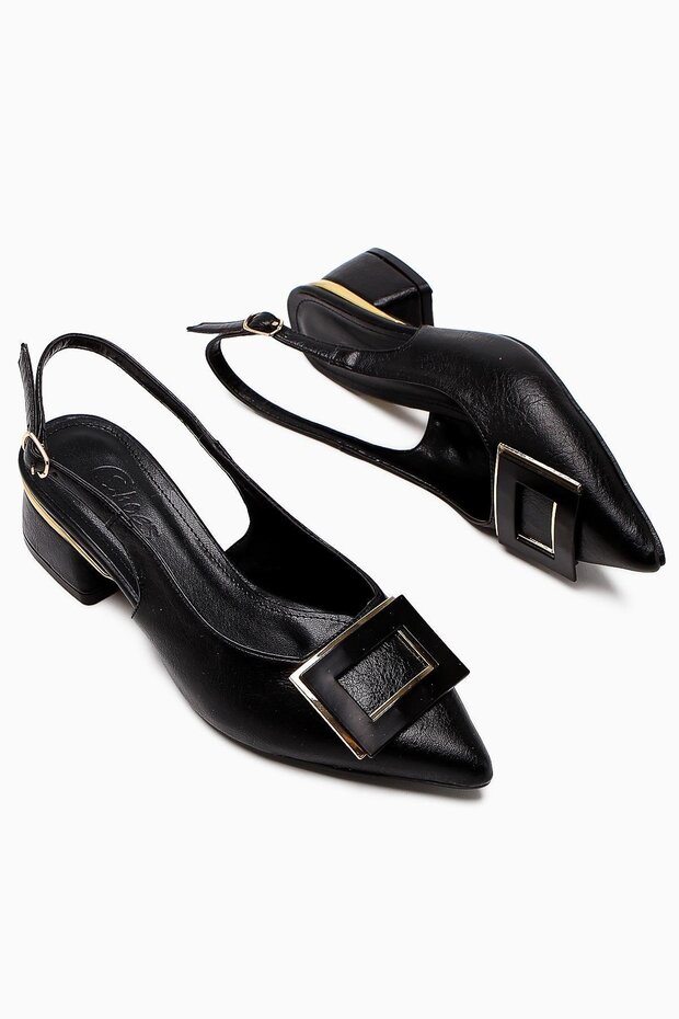 Tiana Black Accessories Low Heeled Shoes, Pointed Toe Heeled Ballerinas Open Back
