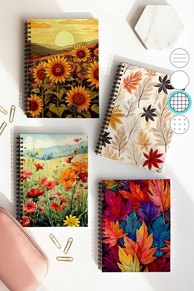 School Notebook Set with Spiral Checkered, A5 Size 50 Sheets 100 Sheets Set of 4, Set with Sheets