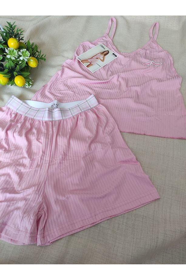 Kaşkorse Kumaş Askılı Şortlu Kadın Pijama Takımı S/M - L - XL - XXL 70702 - 3