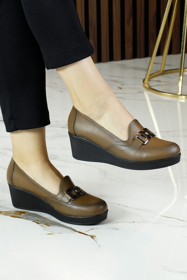 Dafne Brown Genuine Calf Leather Buckle Round Toe Wedge Heeled Casual Shoes