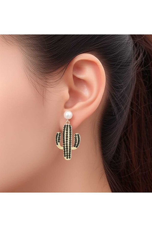 Women's Emerald Green Stone Pearl Dangle Cactus Earrings
