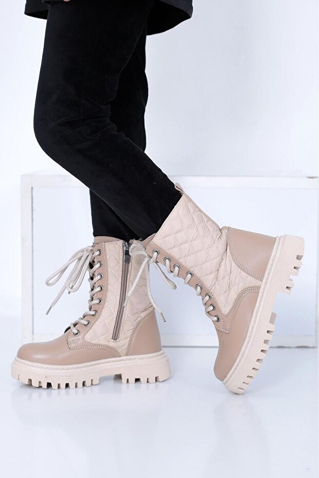 Kız Çocuk Bej Yanı Kapitone Baskılı Bağcıklı Fermuarlı Bot - 2