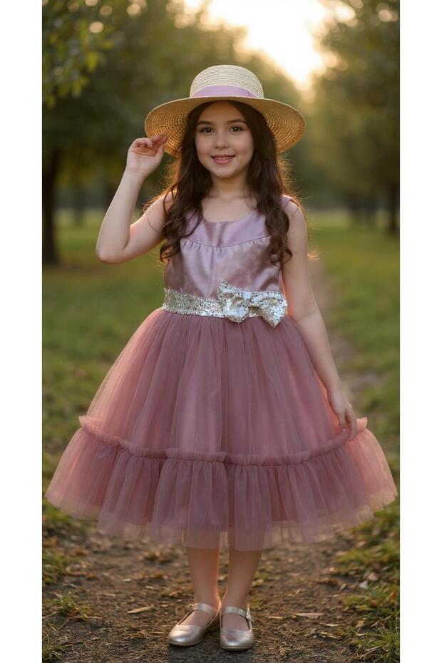 I&K Shimarik Ki̇ds Girls' Evening Dress with Pul Palette Detail on the Front