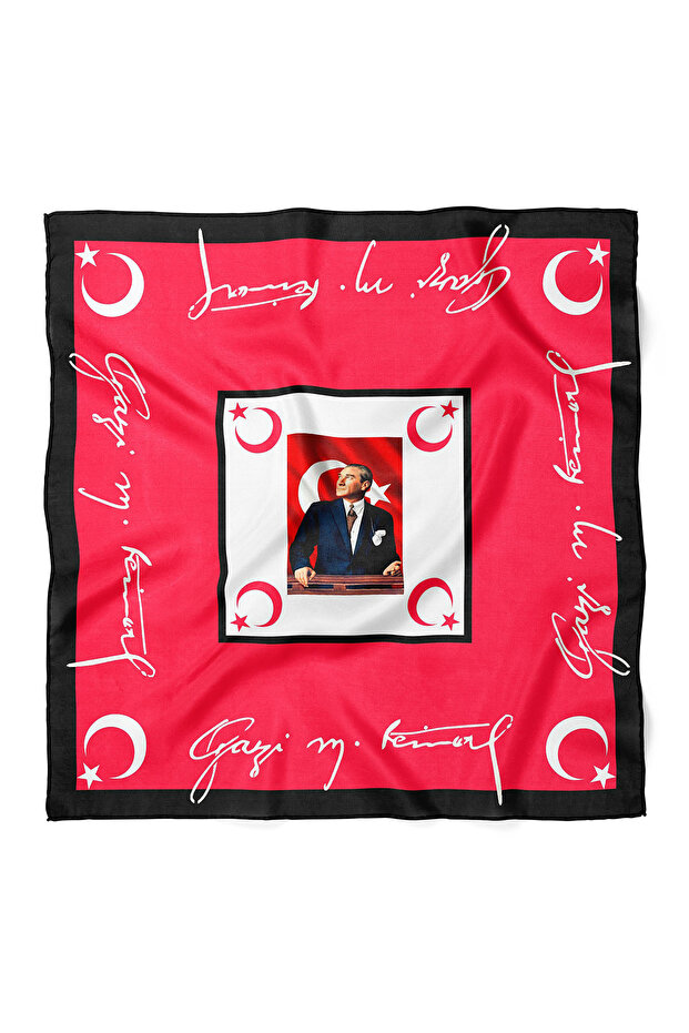 Ataturk Signature and Moon Star Pattern Bandana Scarf 50 X 50 cm