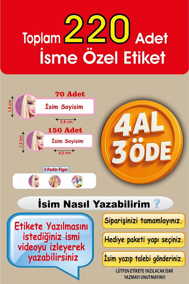 Okul Etiketi Kalem Defter Etiketi Özel Isim Yazılabilen Etiket Barbie 220 Adet - 1