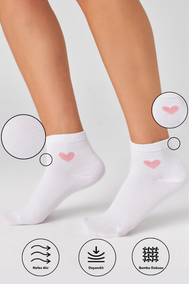 Bamboo Women's White Half Socks Heart Patterned Seamless White Socks 3 Pack