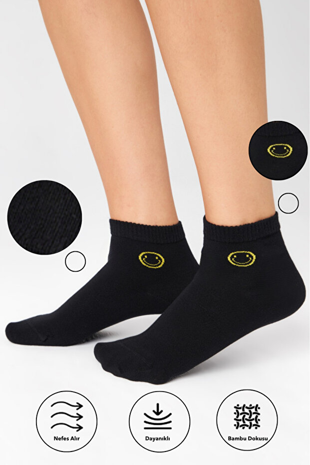 Bamboo Women's Black Half Socks Smile Patterned Seamless Black Socks 3 Pack