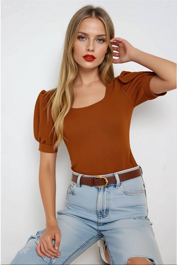 Kadın Taba Kare Yaka Örme Bluz Hzl22w-bd104091 - 1