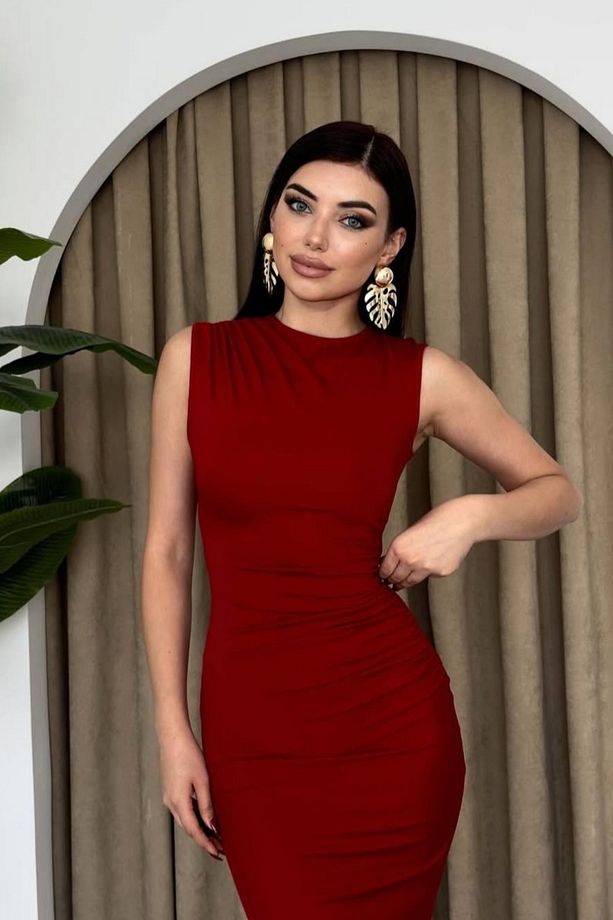 Drapeli Sıfır Kol Bordo Renk Elbise - 4