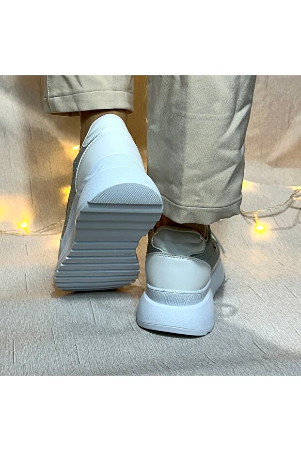 Kadın Beyaz Simli Bağcıklı Spor Sneaker -Yüksek Hafif Taban - 4