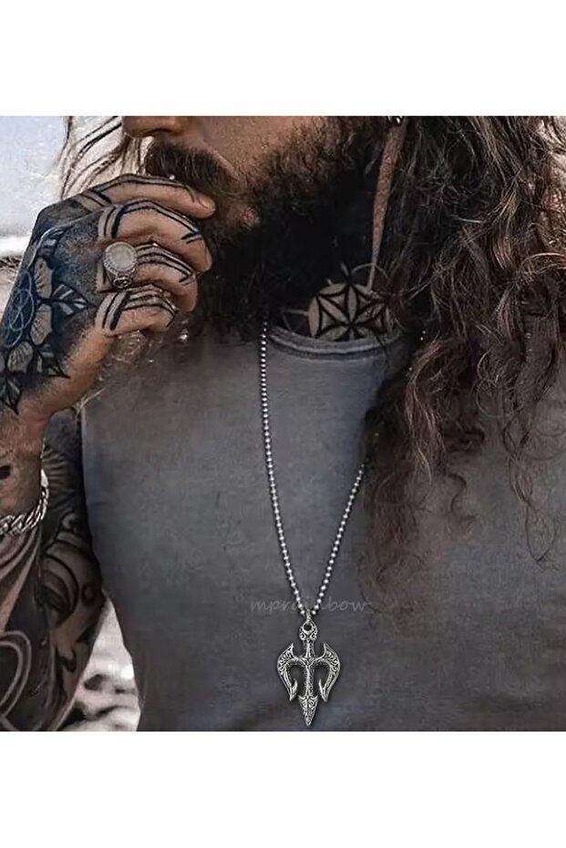 Paslanmaz Çelik Neptune Trident Gladyatör Poseidon Mızrak Erkek Kolye - 4