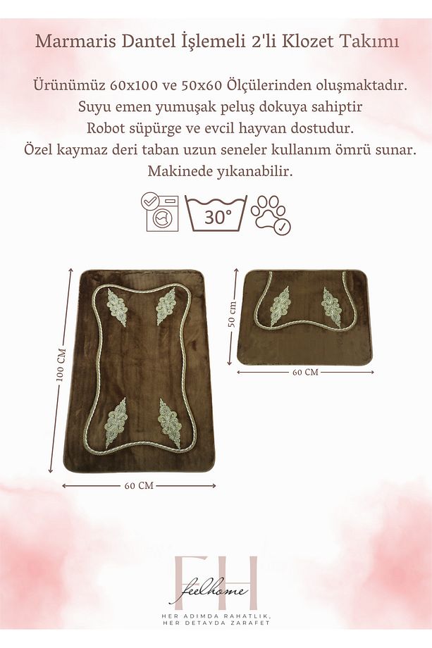 Marmaris Kaymaz Taban, Yumuşacık, Emici 3'lü Süper Lüks Dantel İşlemeli Banyo Paspası Beyaz - 3