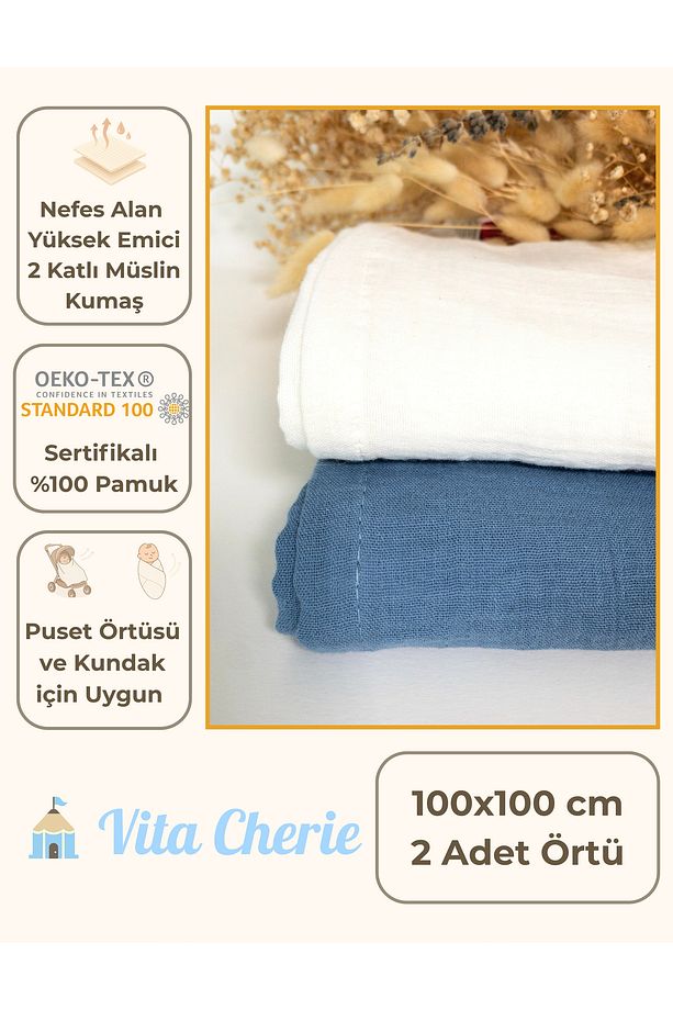 2’li Set Müslin Bebek Örtüsü | 100x100 Cm | %100 Pamuk | Ekru & Indigo Mavisi | Hassas Ciltler Için - 1