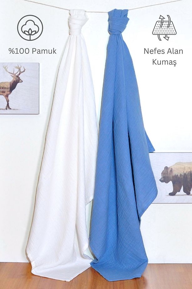 2’li Set Müslin Bebek Örtüsü | 100x100 Cm | %100 Pamuk | Ekru & Indigo Mavisi | Hassas Ciltler Için - 2