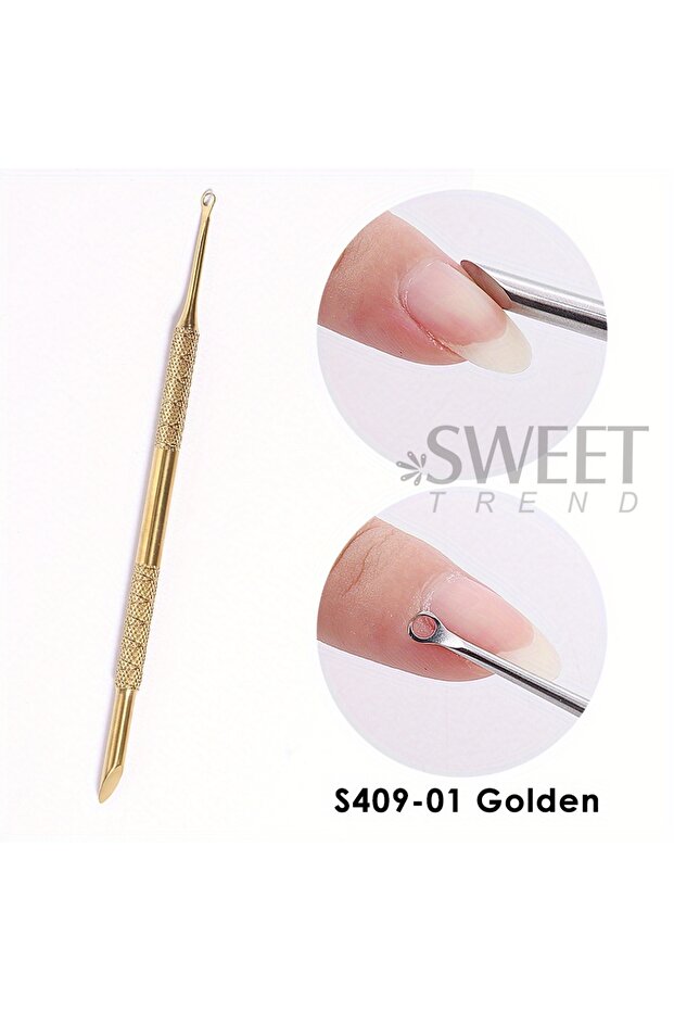 S409-01 Gold Stainless Steel Double-Headed Nail Pusher Cuticle Remover Exfoliation Prep Tool Clean D