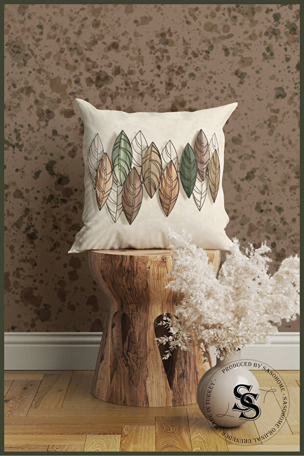 43x43 Cm 3D Digital Printed Throw Pillow - Pillow Case with Colorful Leaves Pattern on a Cream Background - 1