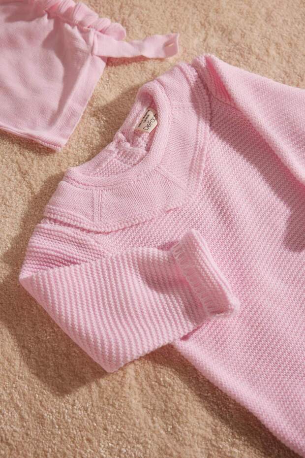 Kız Bebek 3'lü Takım Basic Düz Triko Kazak Beli Lastikli Alt Bere C9763A524WN - 7