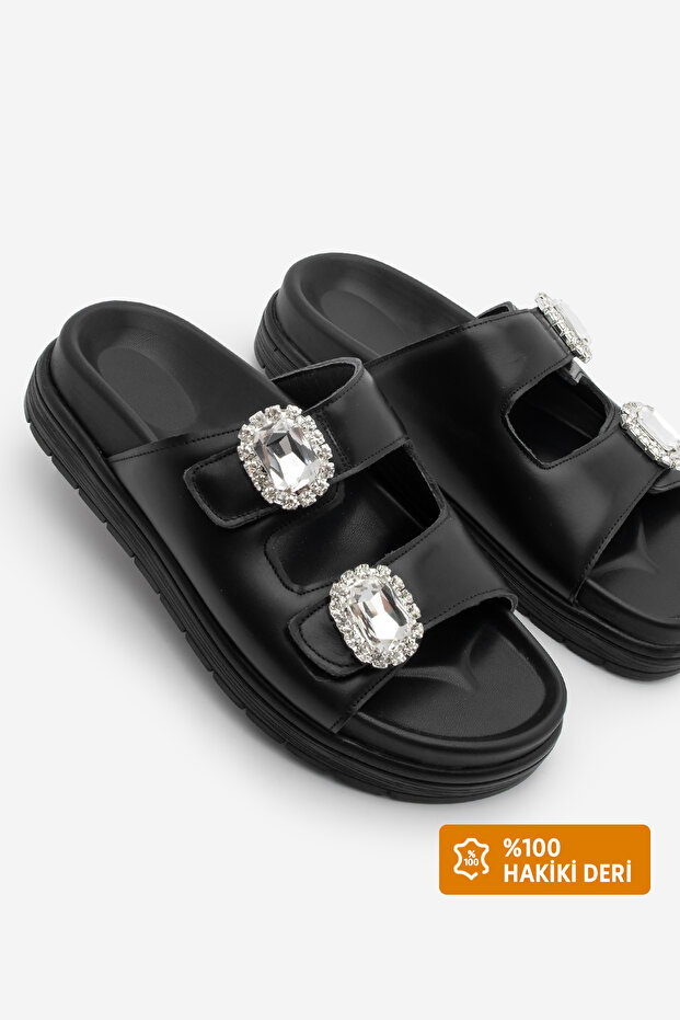 Жіночі камінні тапочки Naviva чорні щоденні з подвійною стрічкою та товстою підошвою - 1