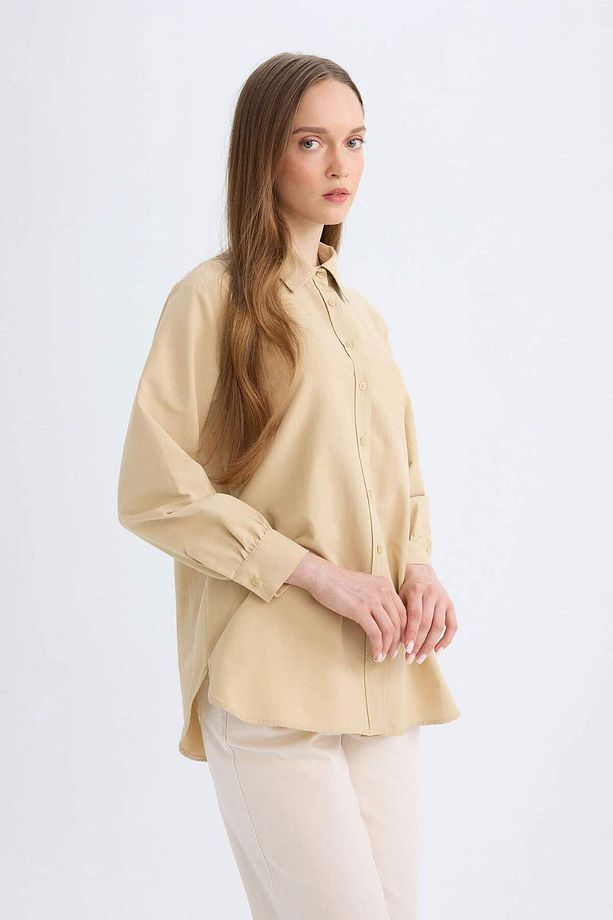 Relax Fit Gömlek Yaka Poplin Basic Düz Uzun Kollu Gömlek Tunik D4159AX24AU - 4
