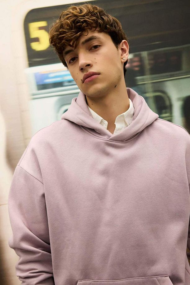 Oversize Geniş Kalıp Kapüşonlu Kanguru Cepli Basic Düz Sweatshirt A4331AX24AU - 3