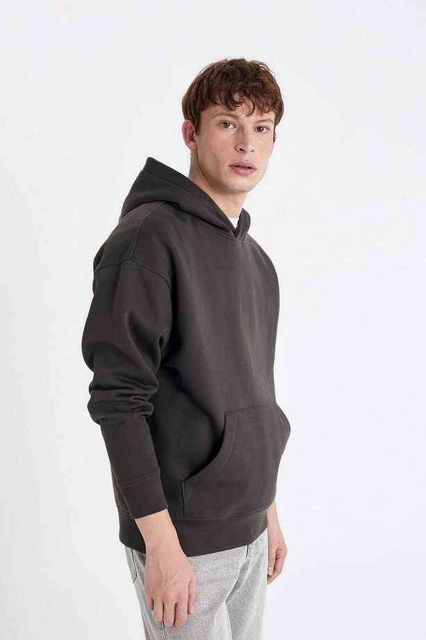 Oversize Geniş Kalıp Kapüşonlu Kanguru Cepli Basic Düz Sweatshirt A4331AX24AU - 4