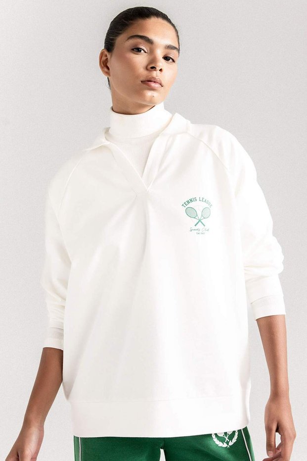 Defactofit Oversize Wide Fit Polo Neck Sports Printed Sportsman Sweatshirt D1699Ax24Au