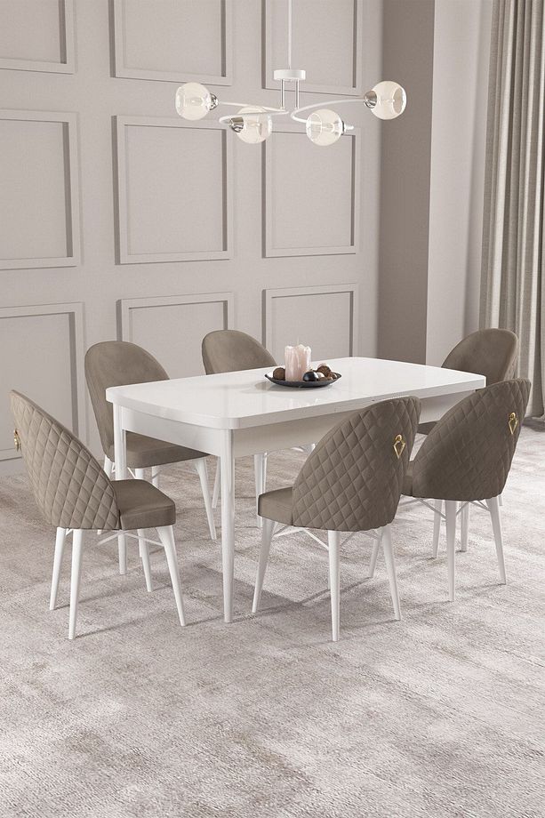 Calvin Beyaz 80x132 Mdf Açılabilir Mutfak Masası Takımı 6 Adet Sandalye - 1