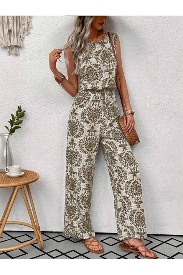 Sleeveless, Back Zip Patterned Fabric Jumpsuit