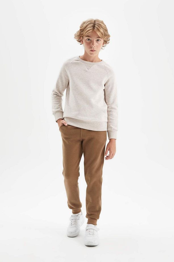 Erkek Çocuk Bej Bisiklet Yaka Basic Düz Okul Sweatshirt C7566A824AU - 2