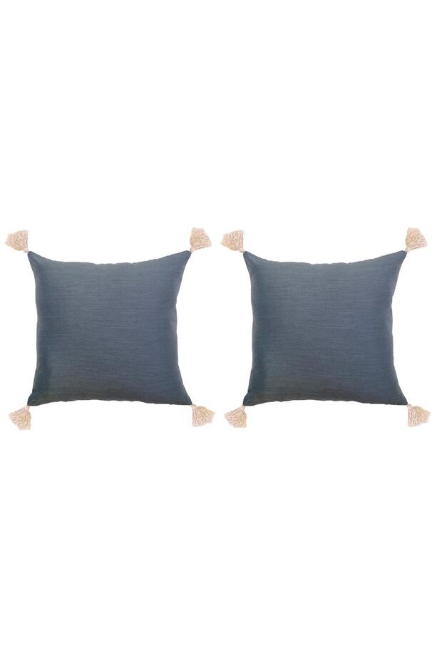 Petrol Blue 2-Piece Double Sided Tasseled Throw Pillow Cover