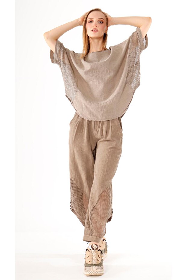 بلوزة كتان شبكية جانبية - 2