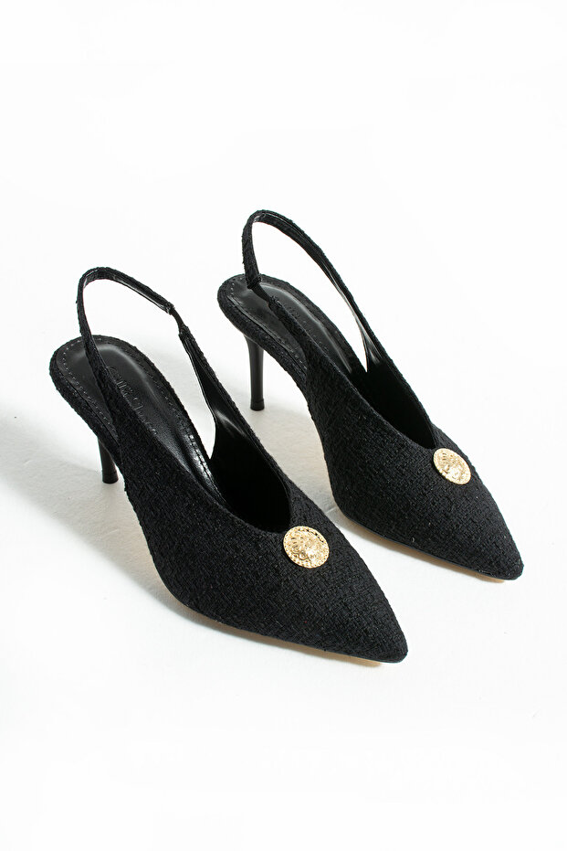 Siyah Kumaş Dokulu Slingback İnce Topuklu Tokalı Stiletto Kadın Ayakkabı Şık Rahat Zarif Model - 7