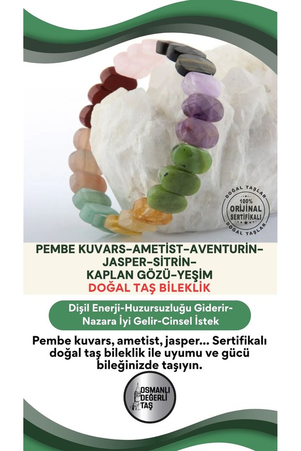 Certified Pink Quartz-Amethyst-Aventurine-Jasper-Citrin-Tiger Eye-Jade Natural Stone Bracelet