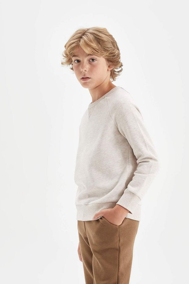 Erkek Çocuk Bej Bisiklet Yaka Basic Düz Okul Sweatshirt C7566A824AU - 1
