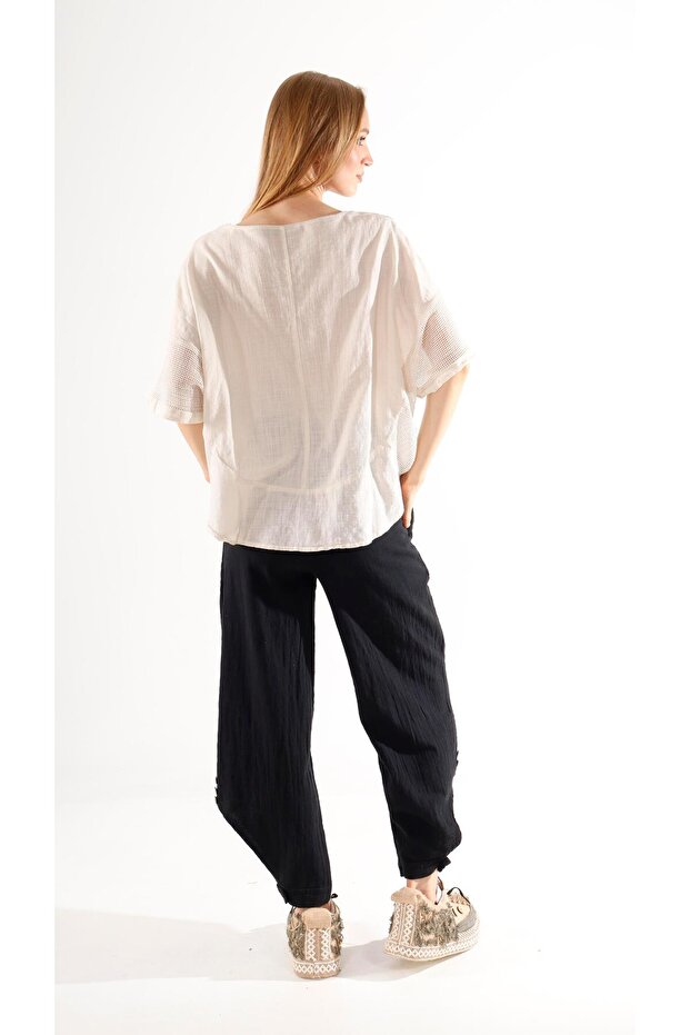 Side Mesh Linen Blouse - 6