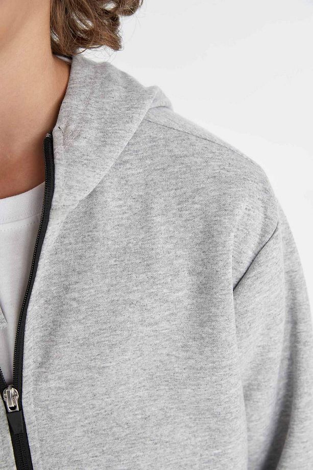 Erkek Çocuk Basic Düz Gri Kapüşonlu Cepli Okul Fermuarlı Sweatshirt C8188A824AU - 5
