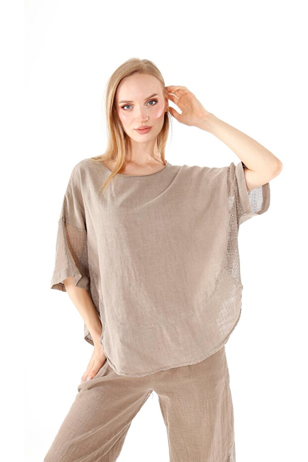 بلوزة كتان شبكية جانبية - 5