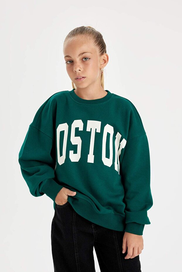Girl's Oversize Wide Fit Crew Neck Printed School Sweatshirt C7778A824Au
