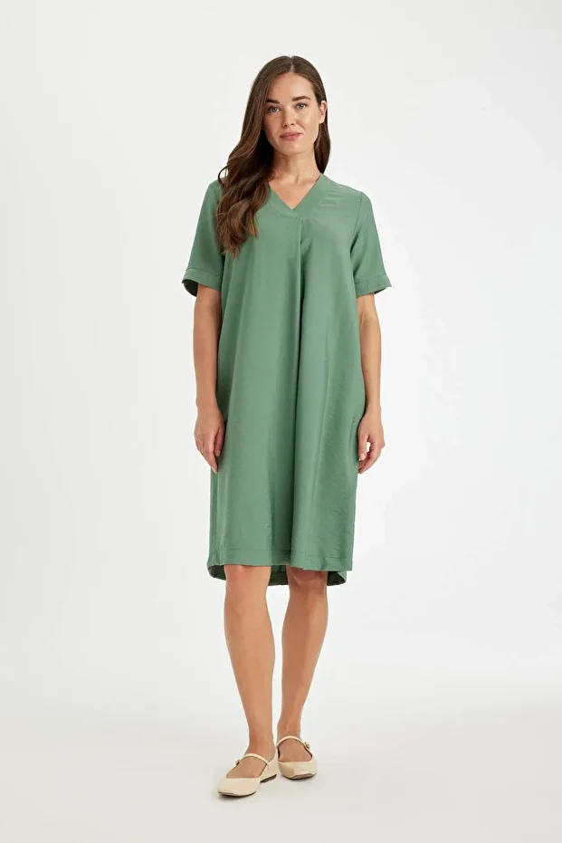 Regular Fit V Yaka Kısa Kollu Midi Elbise D4574AX24HS - 1