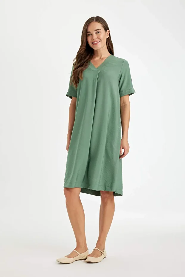 Regular Fit V Yaka Kısa Kollu Midi Elbise D4574AX24HS - 2