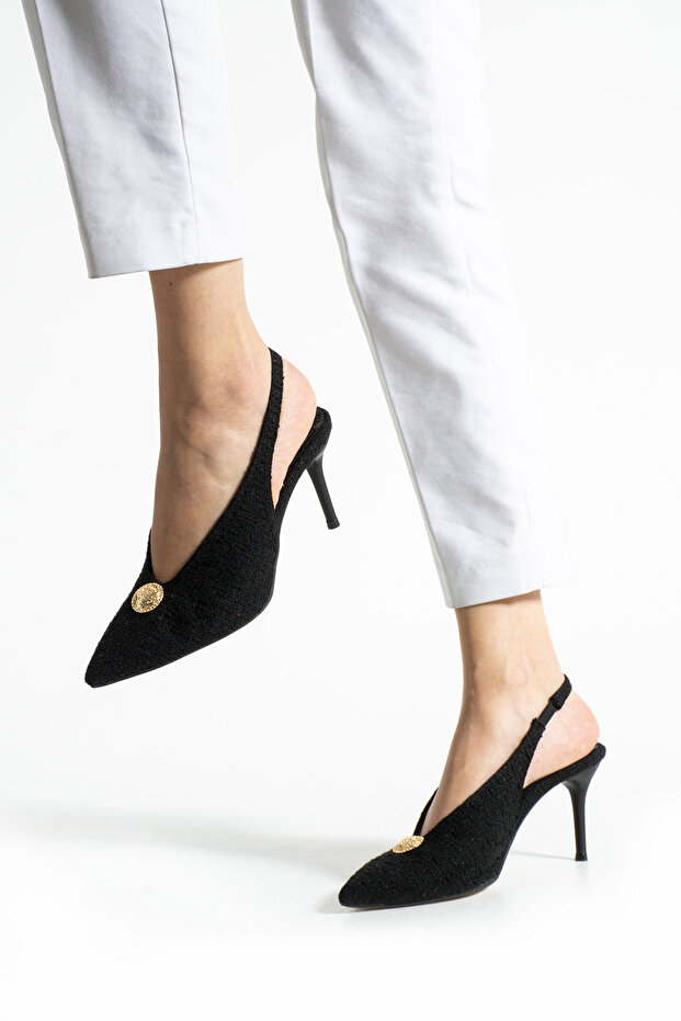 Siyah Kumaş Dokulu Slingback İnce Topuklu Tokalı Stiletto Kadın Ayakkabı Şık Rahat Zarif Model - 4