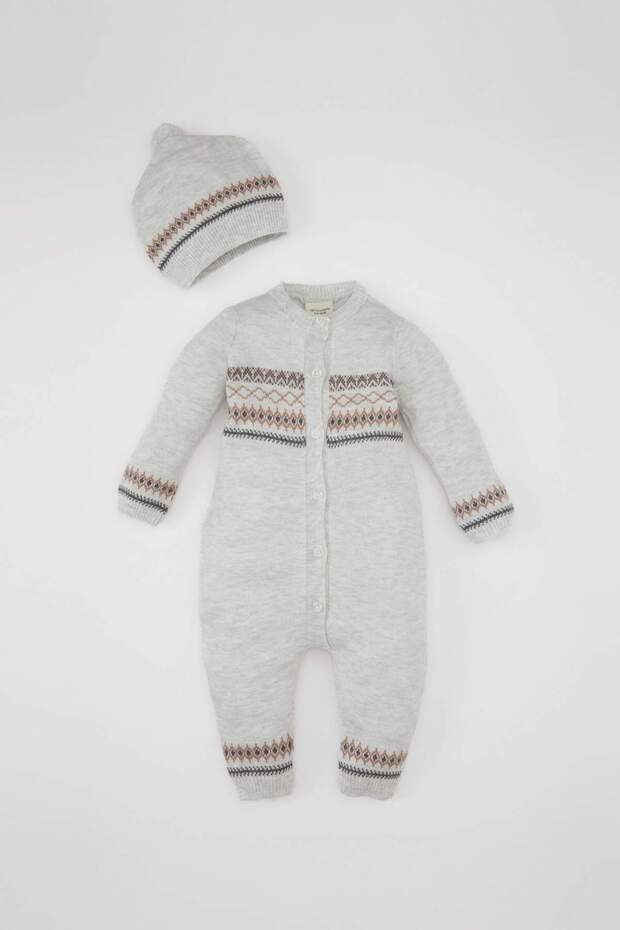 Baby Boy Newborn Gray Hat Buttoned Long Sleeve Jumpsuit Beanie 2-Piece Set C9595A524Au