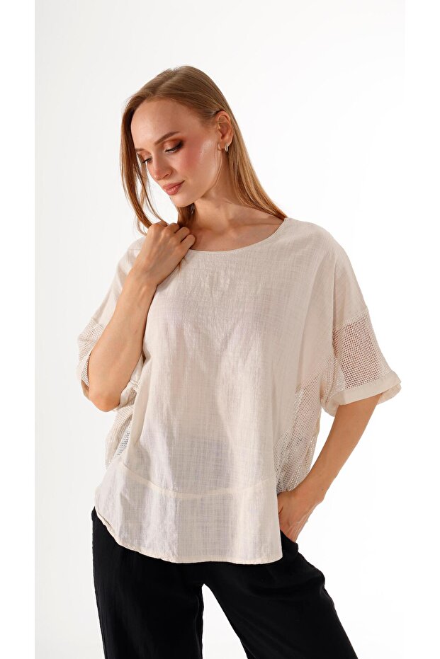 Side Mesh Linen Blouse - 1