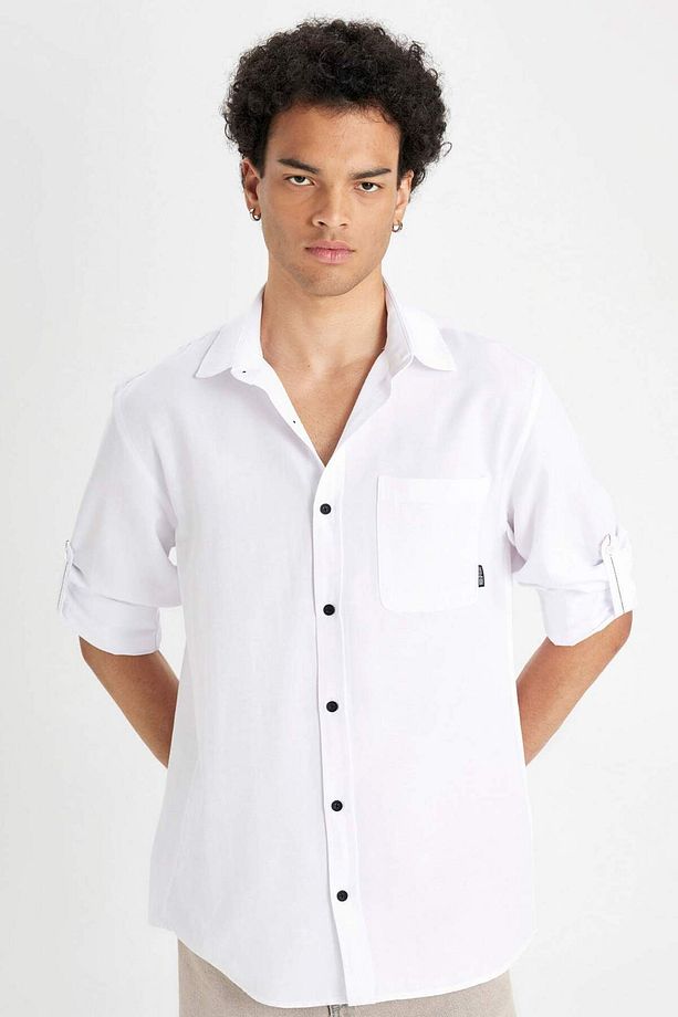 Regular Fit Düğmeli Yaka Basic Düz Pamuk Karışımlı Uzun Kollu Siyah Gömlek D4183AX24AU - 1