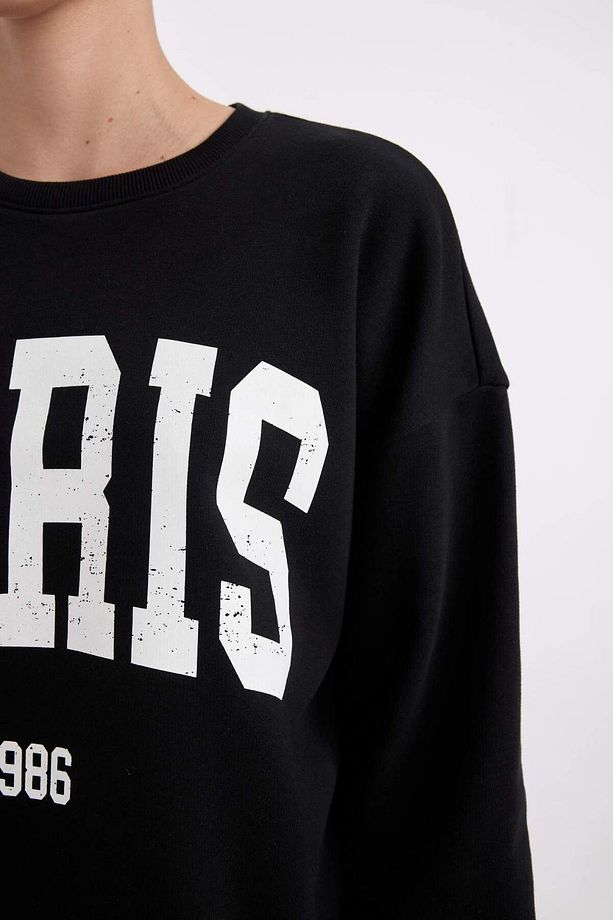 Loose Fit Bisiklet Yaka Baskılı Kalın Siyah Sweatshirt C7810AX24WN - 4